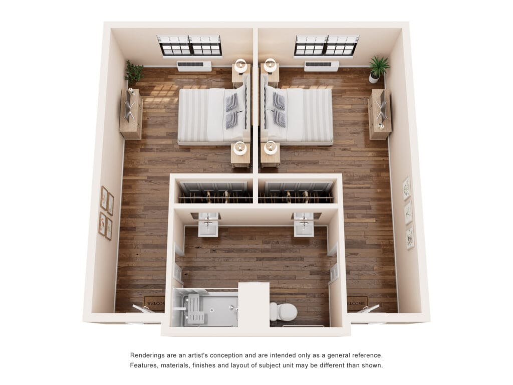 Stylish two-bedroom apartment layout featuring cozy beds, modern amenities, and inviting living areas.