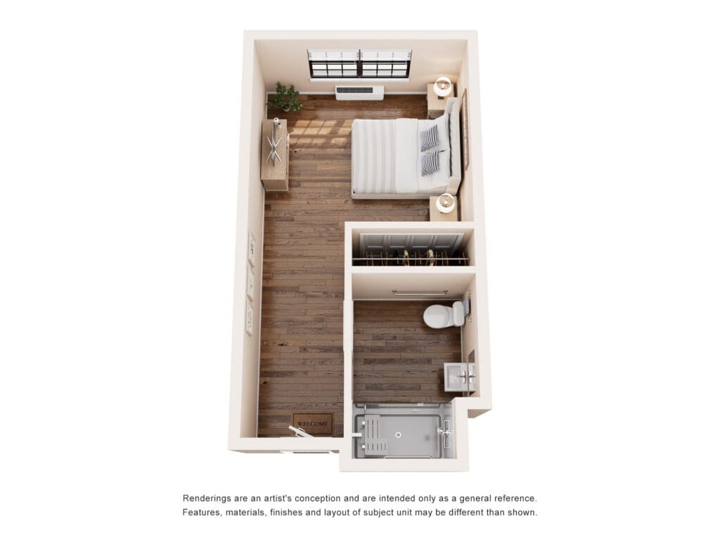 Stylish studio layout featuring a cozy bed, modern furnishings, and an elegant bathroom, designed for vibrant senior living.