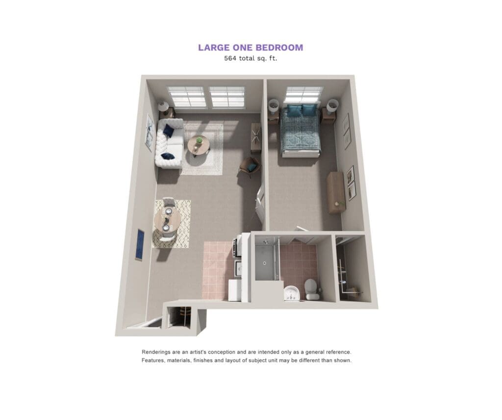 Floor plan of a large one-bedroom apartment showcasing upscale living spaces and modern amenities.