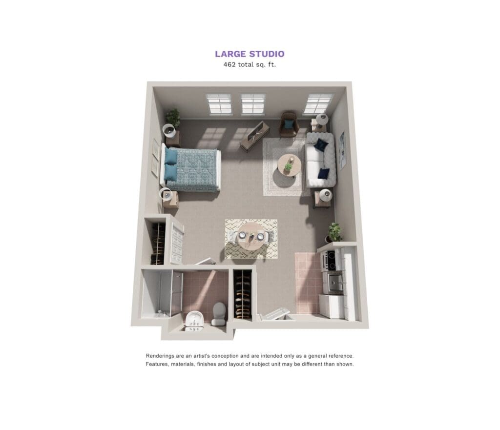 Spacious large studio layout featuring a cozy living area, a comfortable bedroom, and a modern kitchenette.