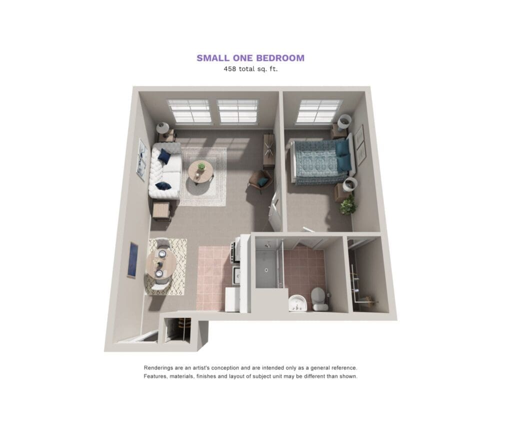 Elegant layout of a small one-bedroom apartment showcasing a cozy living area, stylish kitchen, and serene bedroom.