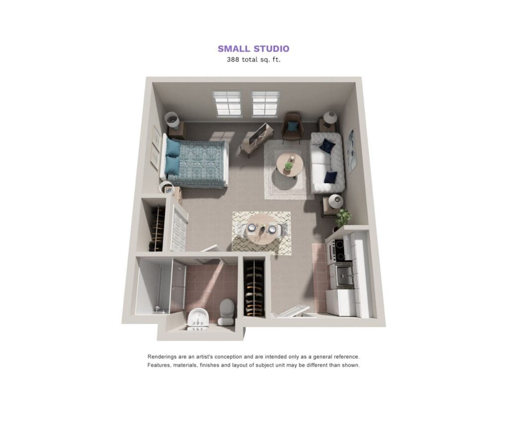 Cozy small studio apartment layout featuring living area, bedroom, kitchenette, and bath, showcasing upscale amenities.