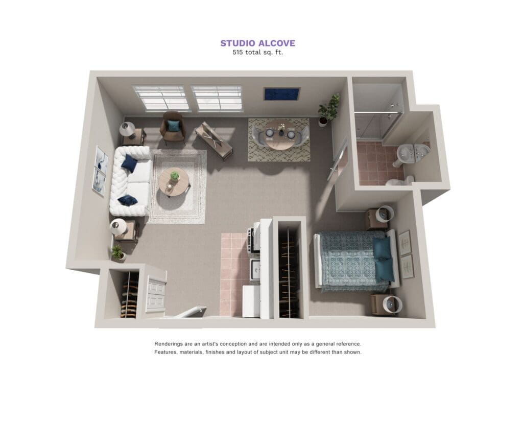 Spacious studio alcove featuring a cozy living area, well-equipped kitchen, and inviting bedroom in an elegant layout.