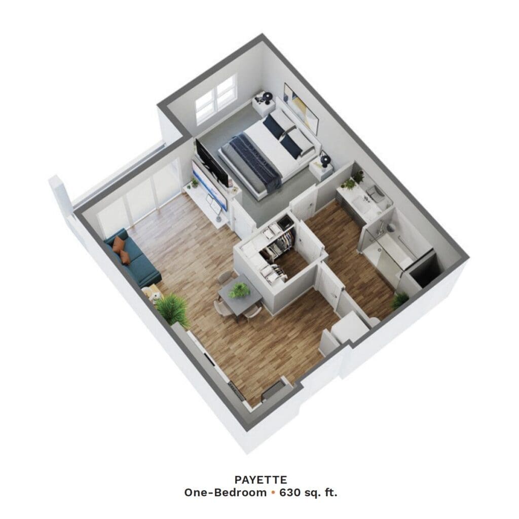 Stylish one-bedroom floor plan showcasing spacious living area, modern kitchen, and cozy bedroom in upscale senior living.
