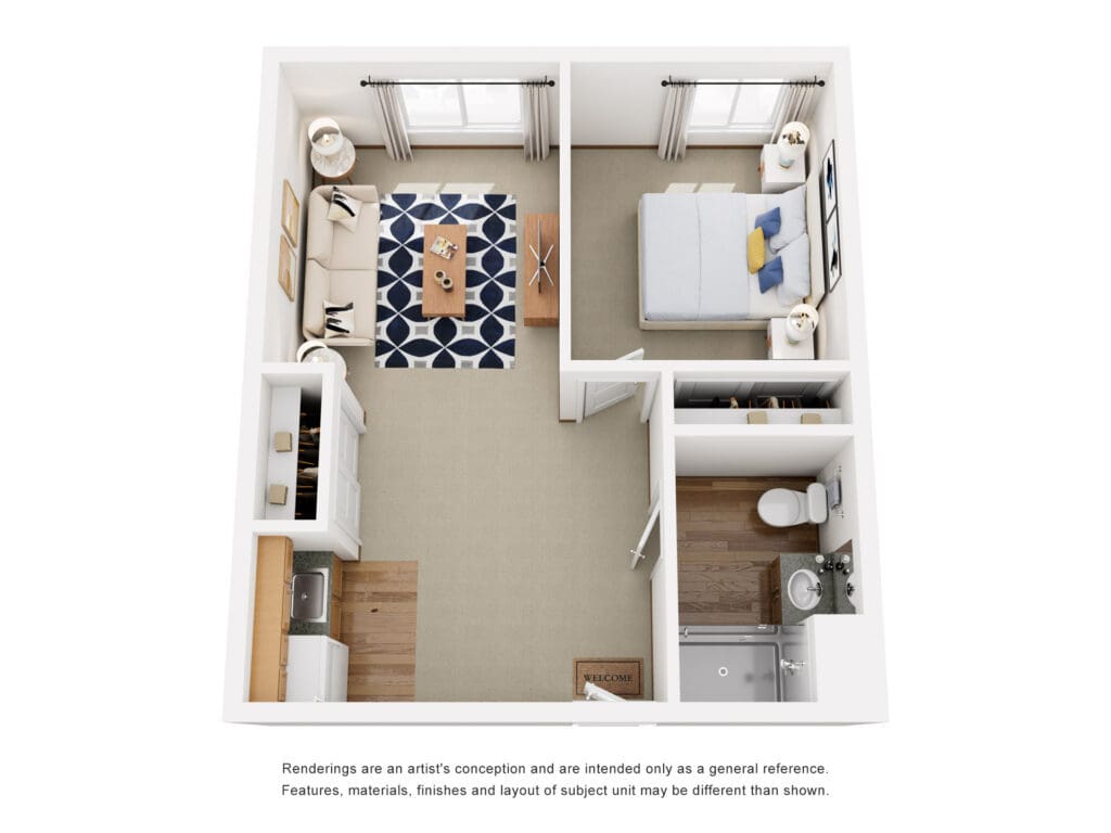 Stylish floor plan showcasing a cozy living space, bedroom, and modern amenities for an upscale senior lifestyle.