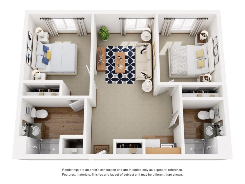 Bright, inviting two-bedroom apartment layout featuring a cozy living area, modern furnishings, and upscale amenities.