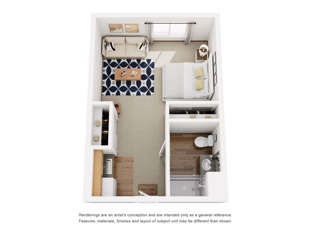 Stylish interior layout showcasing a cozy living area, inviting bedroom, and modern amenities for a vibrant lifestyle.