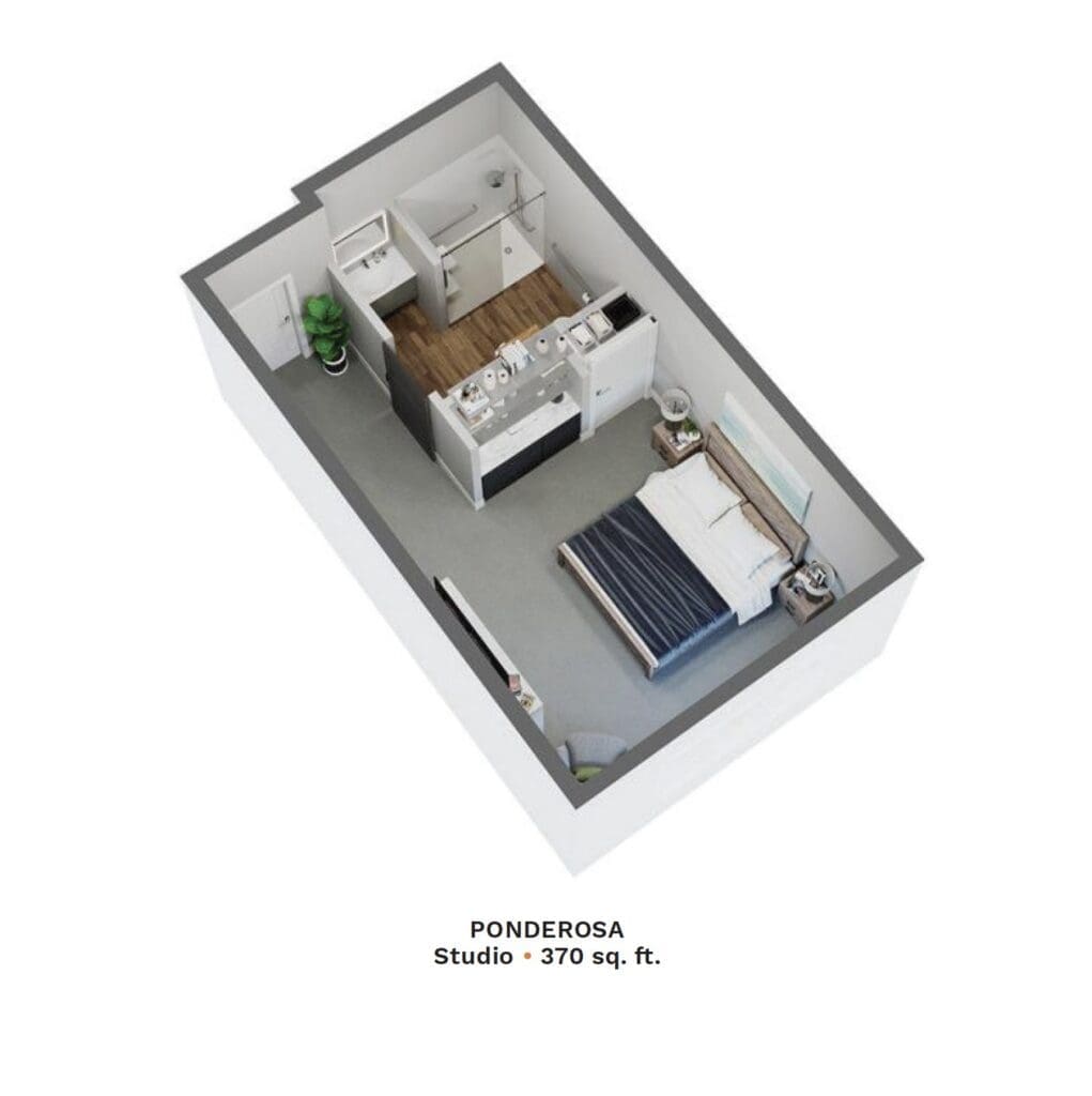 Stylish studio layout featuring a modern kitchen, cozy bedroom, and accessible bathroom in an inviting setting.