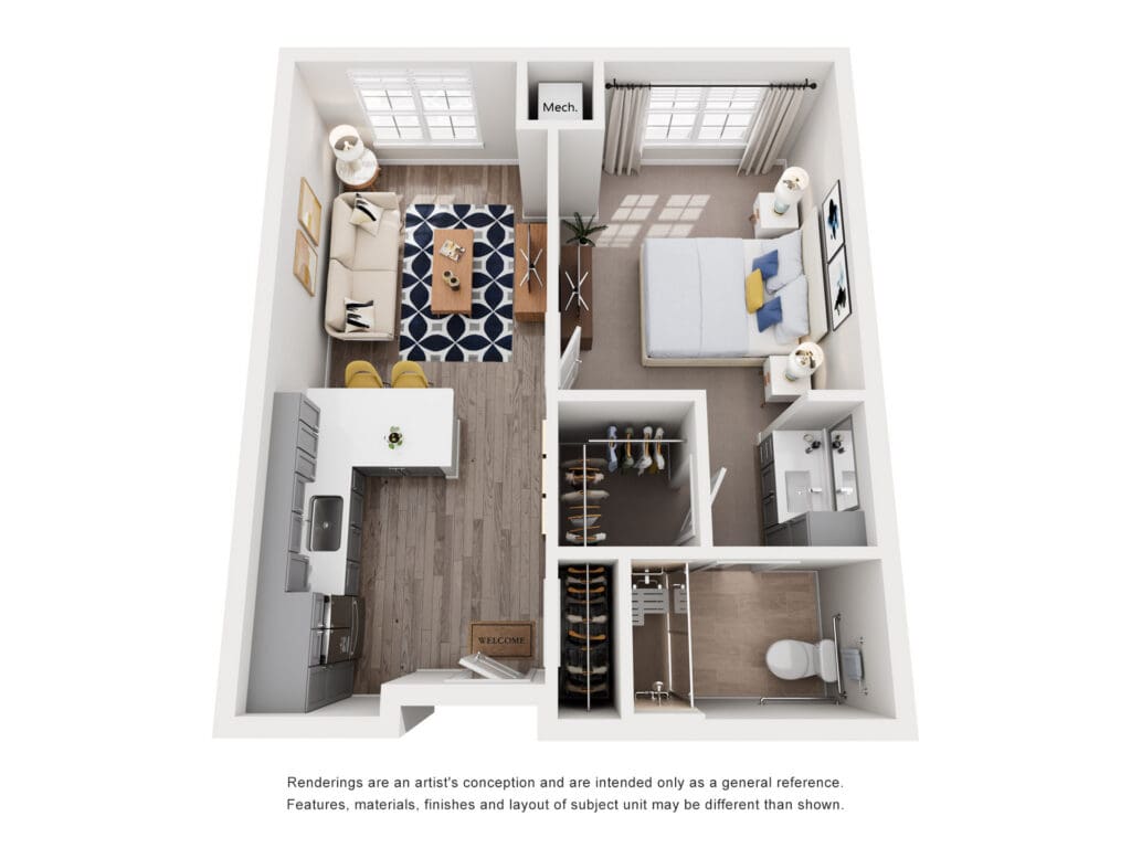 Stylish, modern apartment layout featuring a living area, kitchen, bedroom, bath, and ample storage for a vibrant lifestyle.