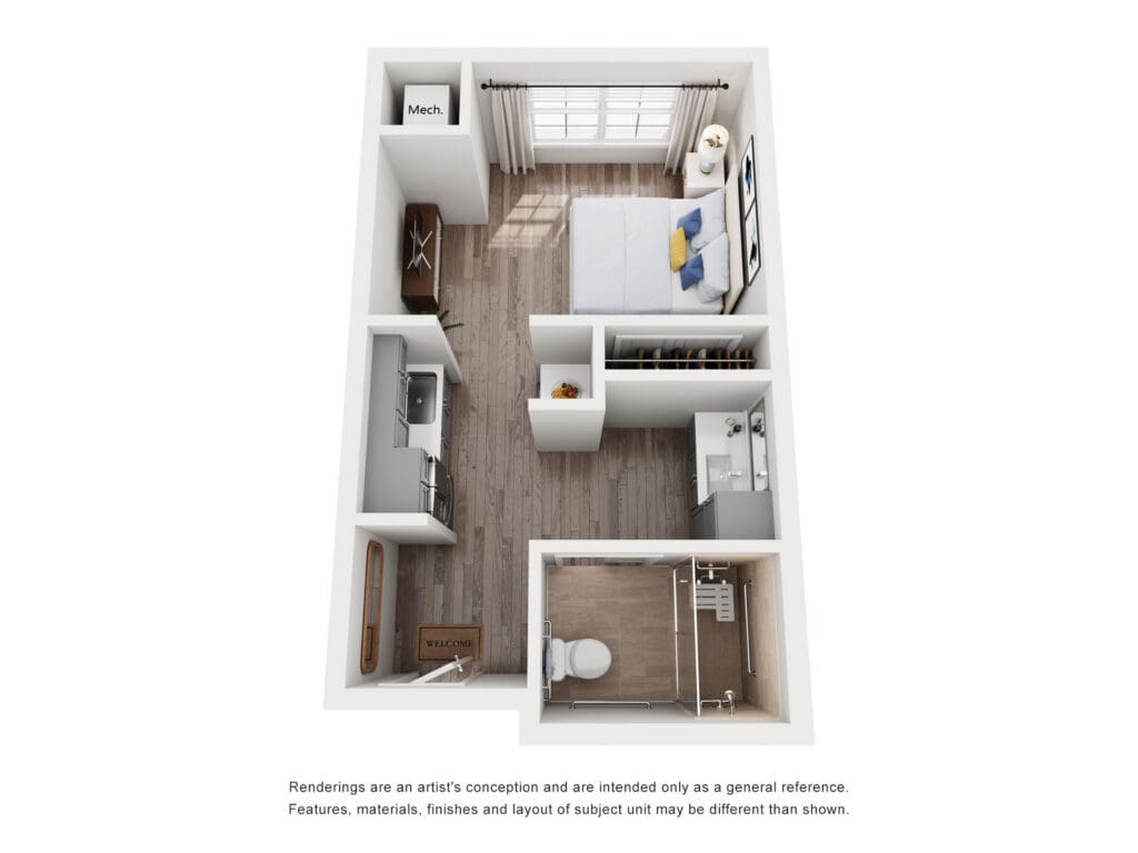 Welcoming floor plan of an upscale senior living unit featuring a bedroom, kitchenette, and accessible bathroom.