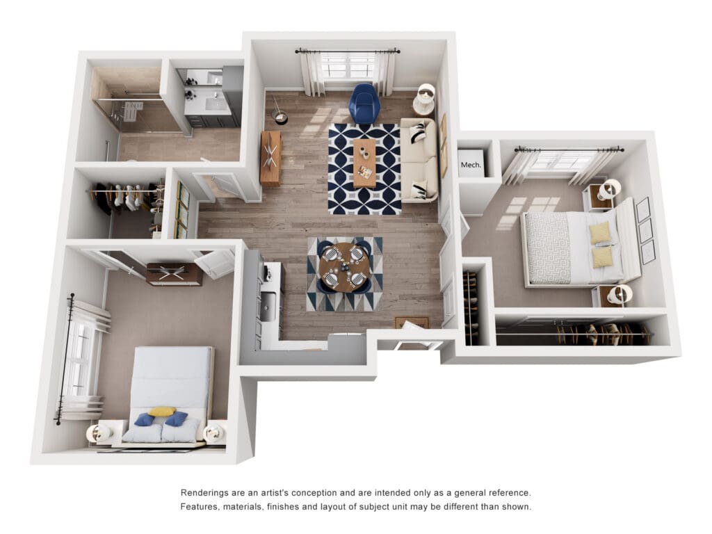 Modern senior living apartment layout featuring spacious living areas, bedrooms, and upscale amenities for a vibrant lifestyle.