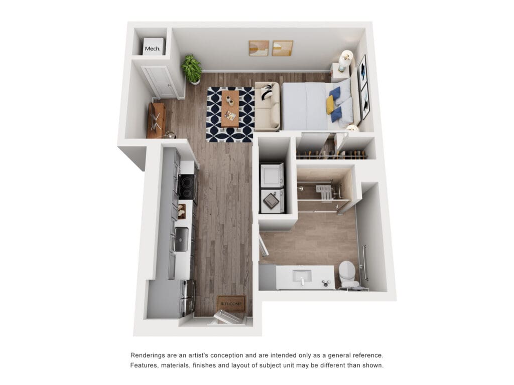 Bright, airy senior living apartment layout featuring a cozy living space, kitchen, and accessible bathroom. Sophisticated design.
