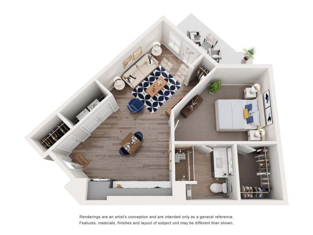 Charming, spacious senior living layout featuring a cozy bedroom and inviting living area with upscale decor and amenities.