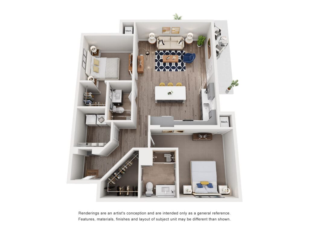 Spacious floor plan showcasing an upscale living area, kitchen, and cozy bedrooms, reflecting a vibrant lifestyle.