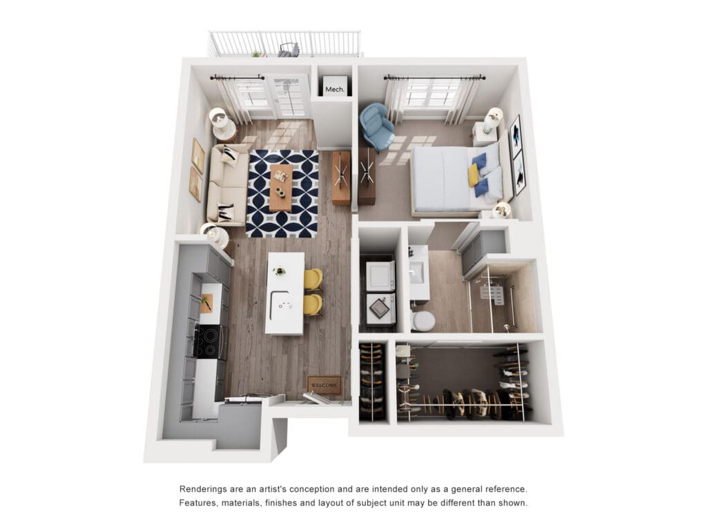 Stylish two-bedroom apartment layout featuring modern furnishings and an inviting living space. Ideal for a vibrant lifestyle.