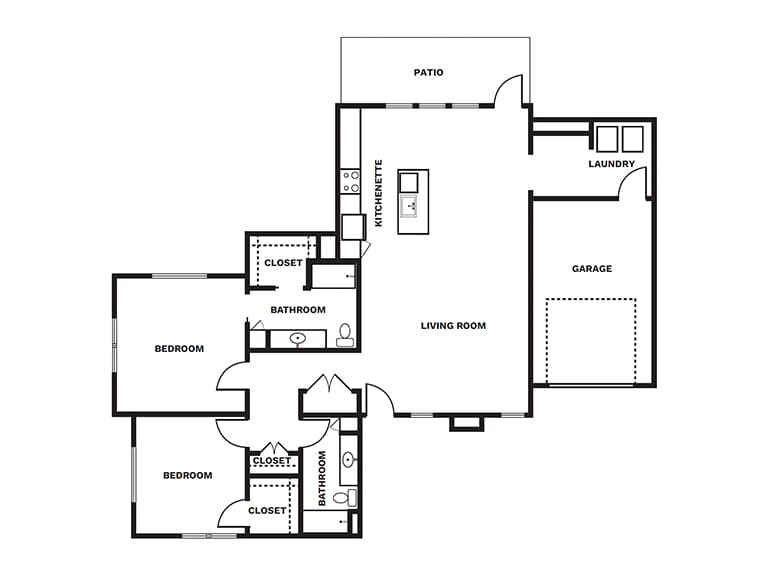 Floor plan showcasing a well-designed living space with three bedrooms, two bathrooms, a kitchenette, and a garage.