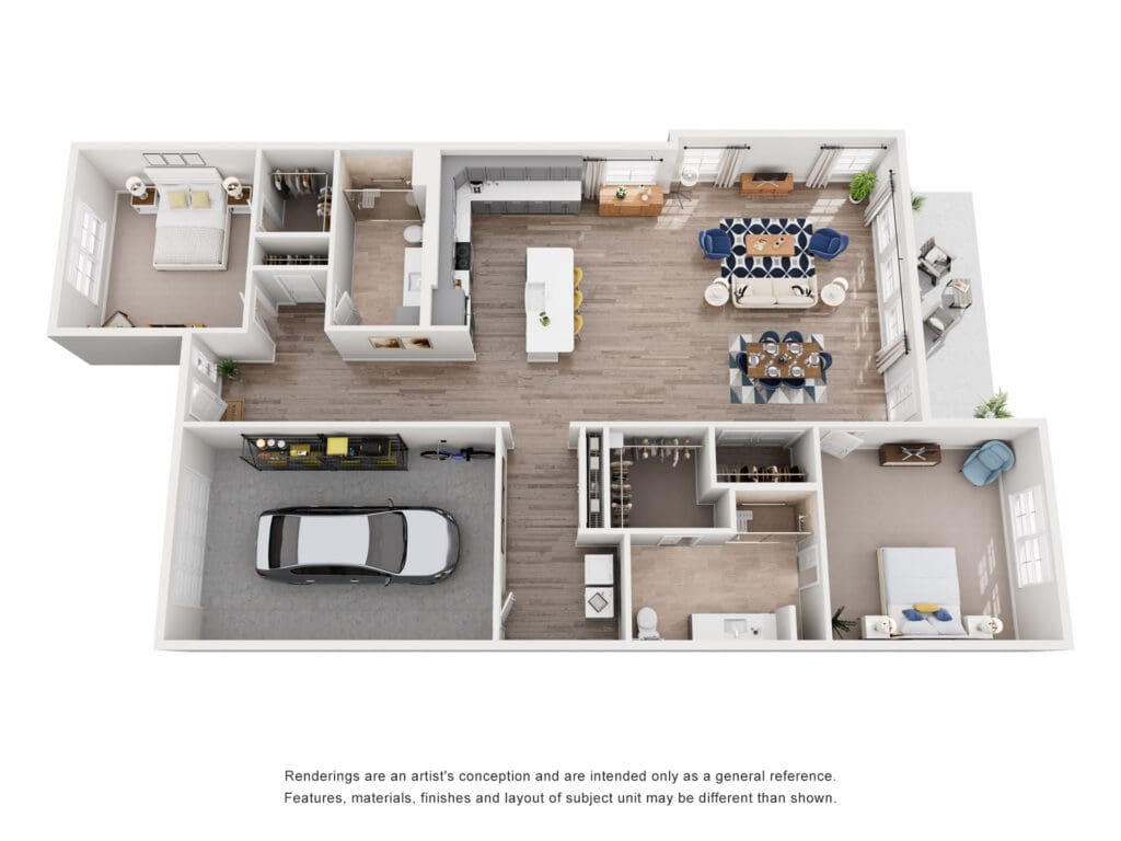 Spacious, modern apartment layout featuring upscale amenities like a garage, open living area, and well-appointed bedrooms.