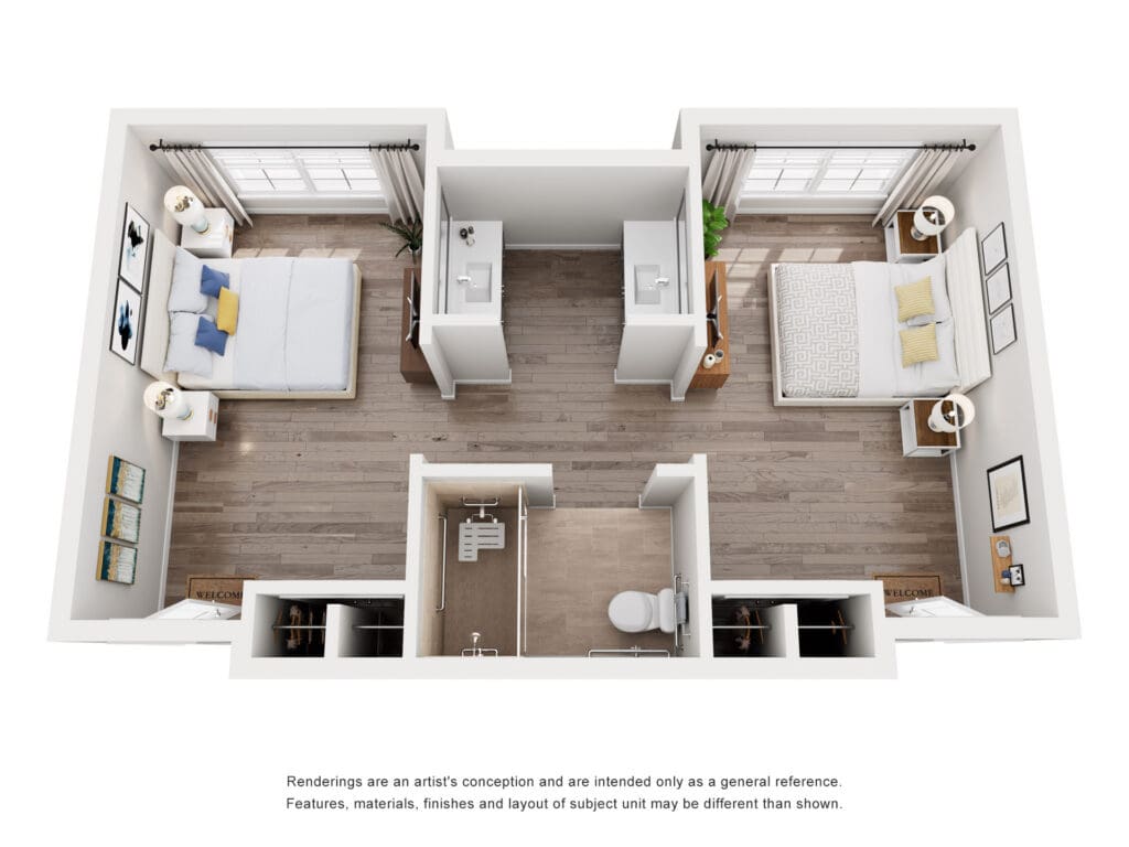 Stylish apartment layout featuring two bedrooms, modern furnishings, and ample natural light, promoting a vibrant lifestyle.