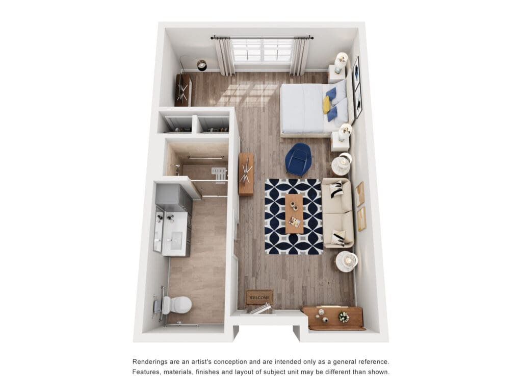 Spacious, elegantly designed studio apartment featuring a living area, bedroom, and stylish bathroom amenities.