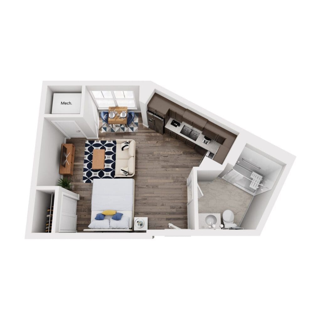 Spacious studio layout featuring stylish furnishings, modern kitchen, and bright natural light for an inviting atmosphere.