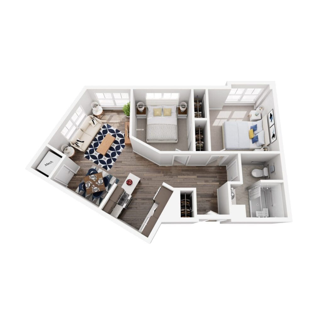 Isometric floor plan of a apartment showing living room, bedrooms, and kitchen areas with furniture layout.