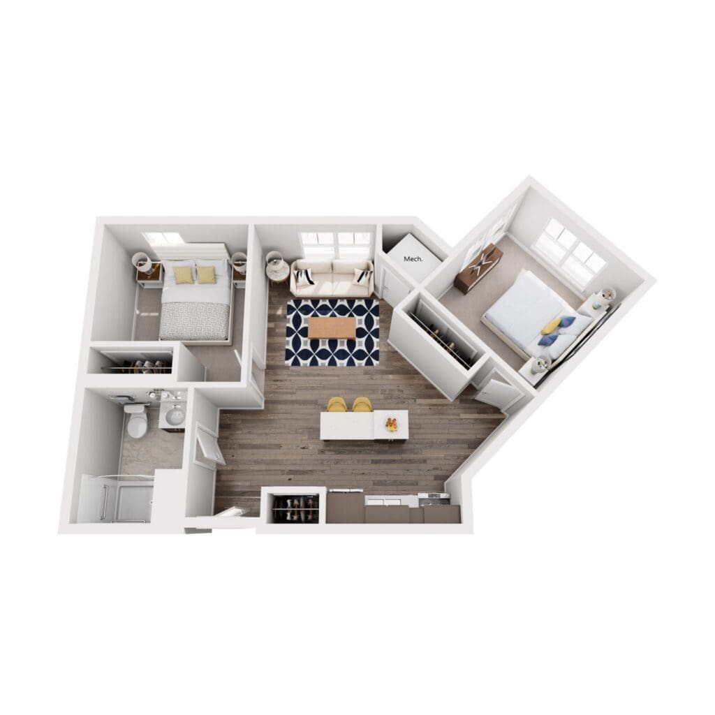 Top-down isometric floor plan of a two-bedroom apartment with living room, kitchen, dining area, and two bathrooms