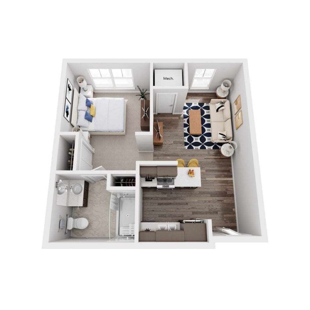 Stylish one-bedroom apartment layout featuring a cozy living area, modern kitchen, and bright bedroom with natural light.