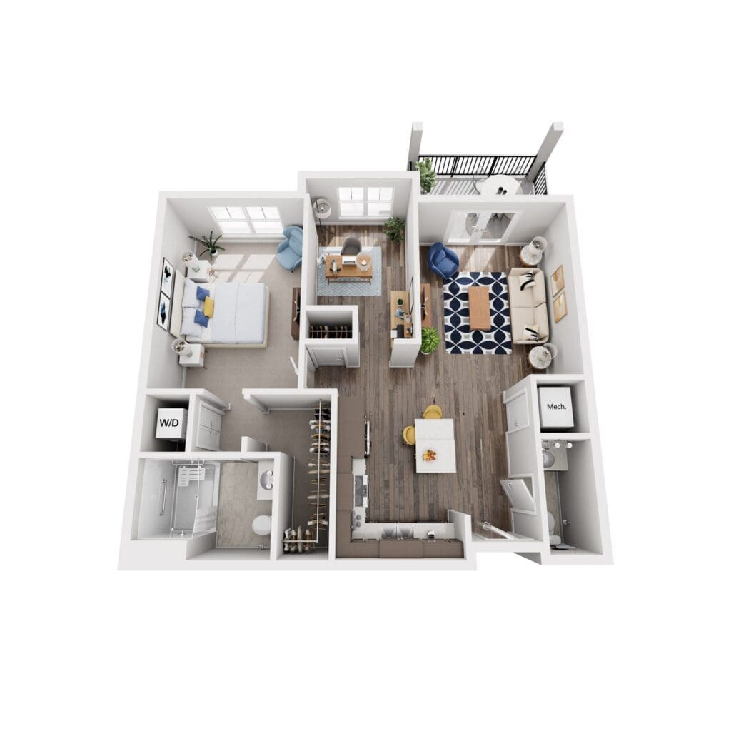 Spacious, well-designed senior living apartment with stylish amenities and inviting living areas.
