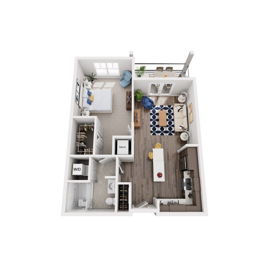 Spacious and modern senior living apartment layout featuring a cozy bedroom and inviting living area with upscale amenities.