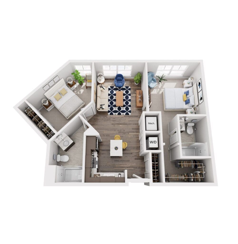 Stylish floor plan showcasing an open living area, cozy bedroom, and modern kitchen, ideal for vibrant senior living.
