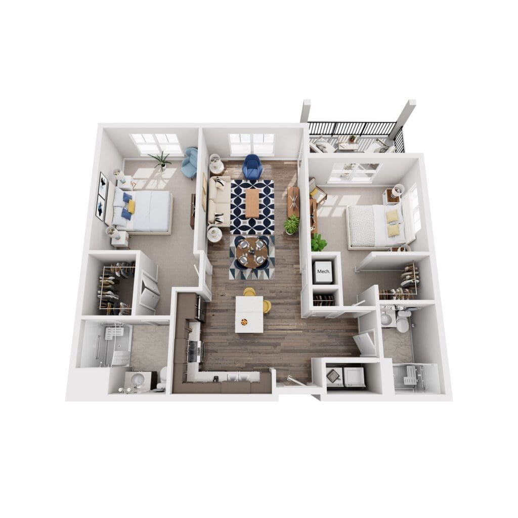 Stylish, spacious apartment layout featuring modern furnishings, a cozy living area, and well-appointed kitchen.