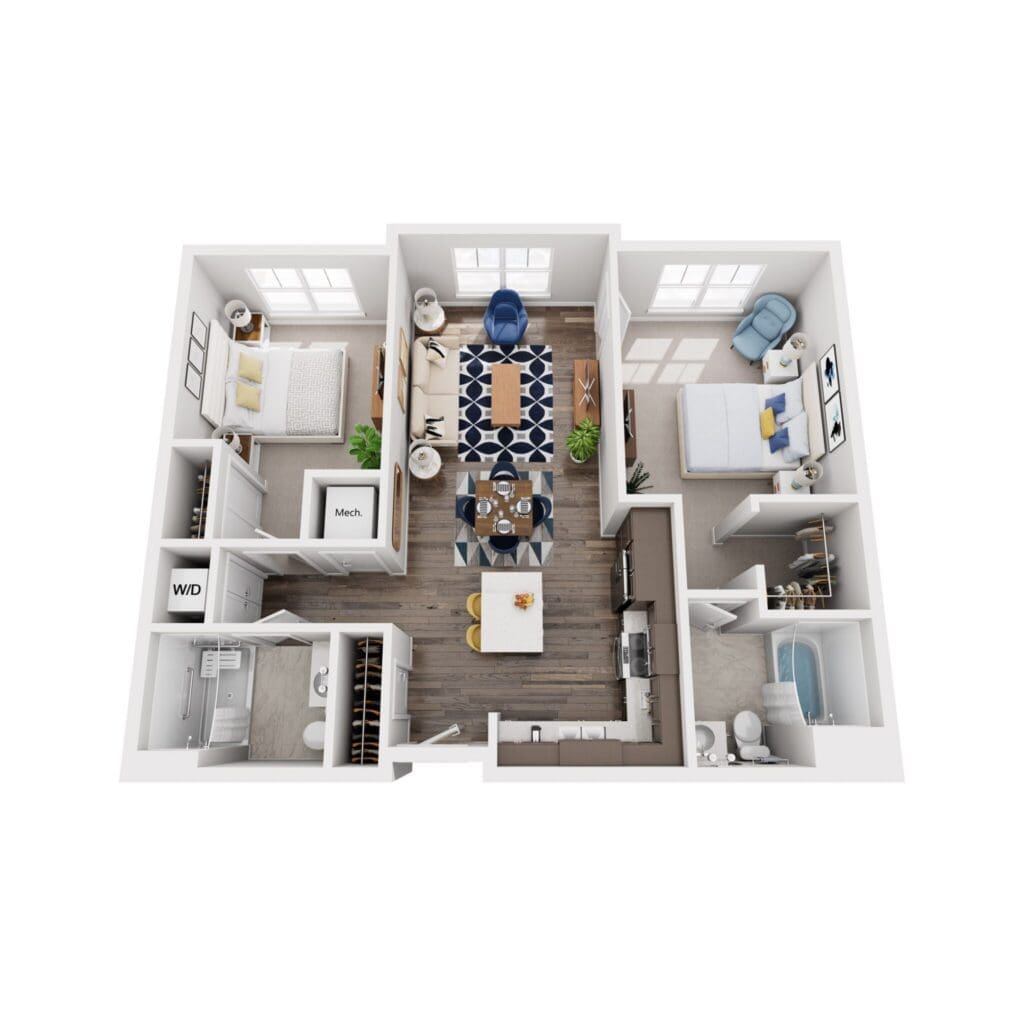 Spacious floor plan showcasing elegant living areas, stylish furnishings, and upscale kitchen in a senior living community.