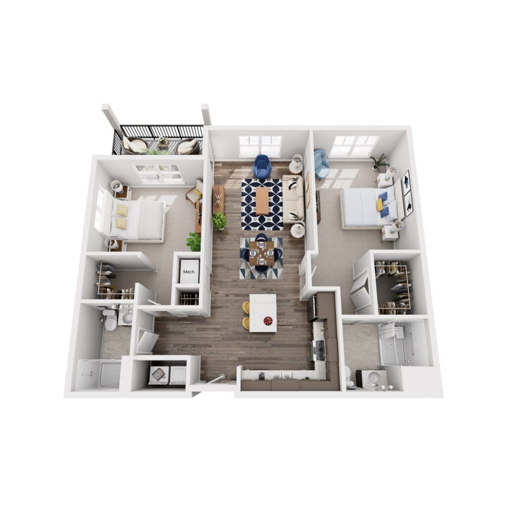 Top-down view of a furnished apartment floor plan showing living room, dining area, kitchen, bedrooms, and balcony access on the left side.