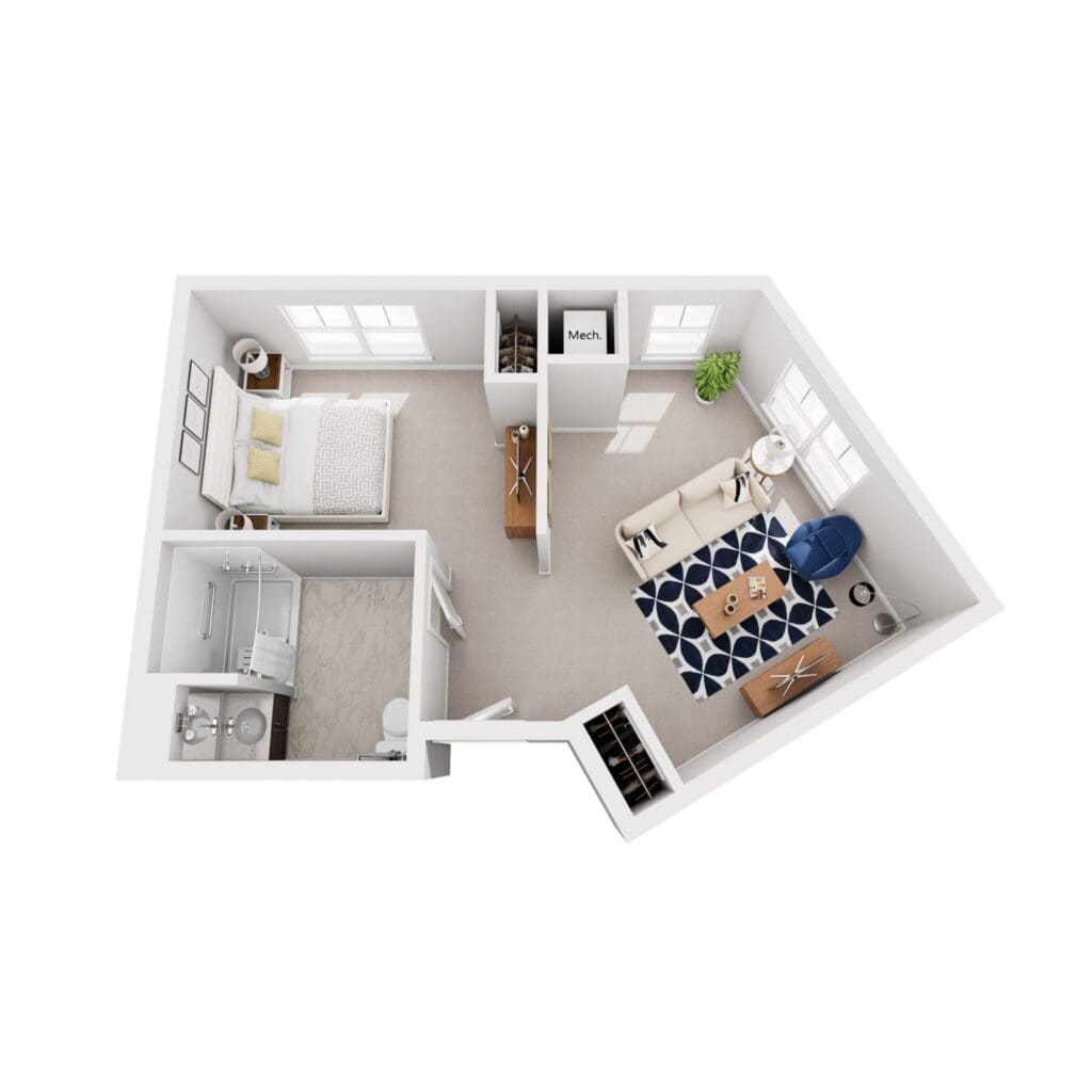 Charming one-bedroom apartment layout featuring a cozy living area, stylish furnishings, and natural light.