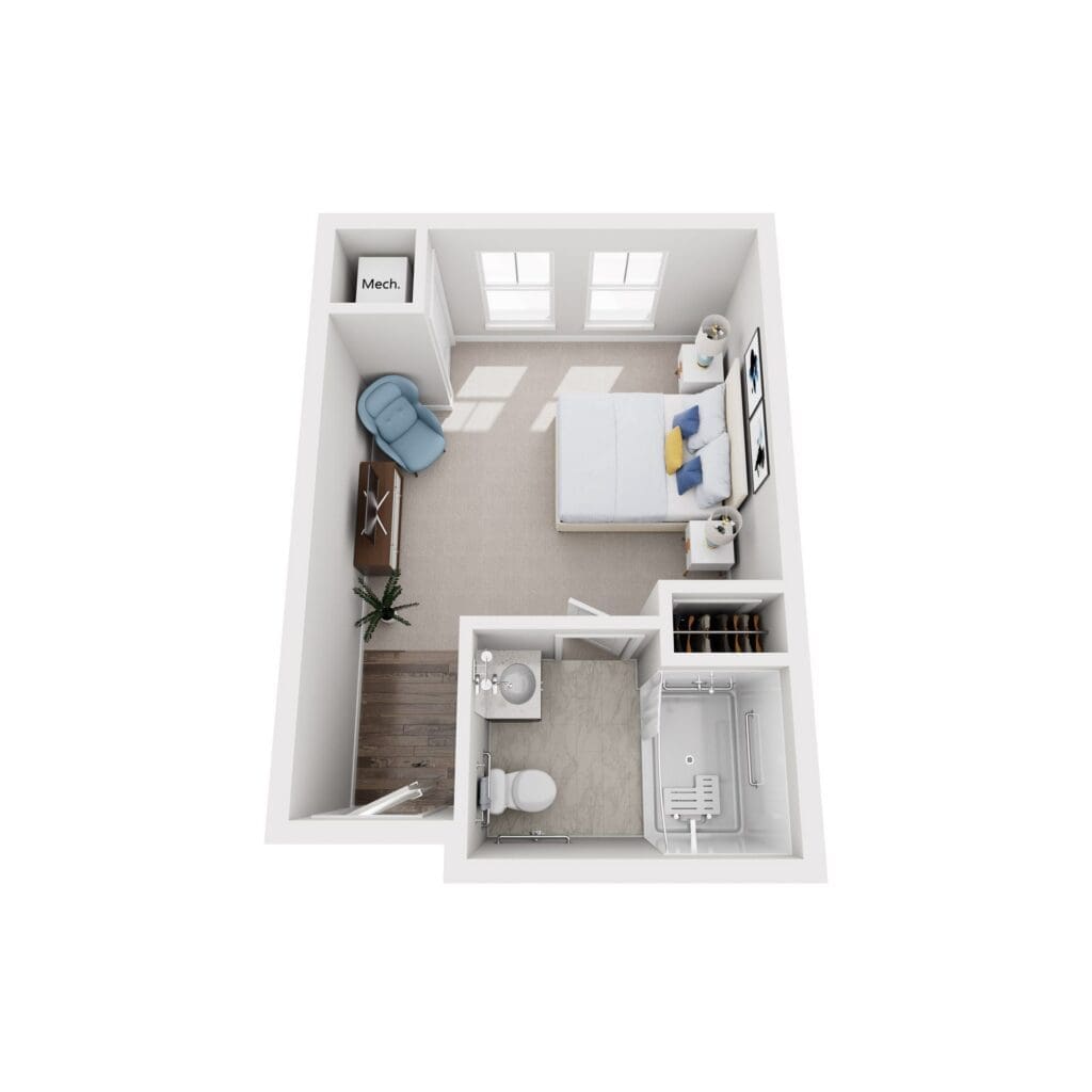Stylish studio layout featuring a cozy bed, seating area, and modern bathroom, enhanced by natural light from windows.