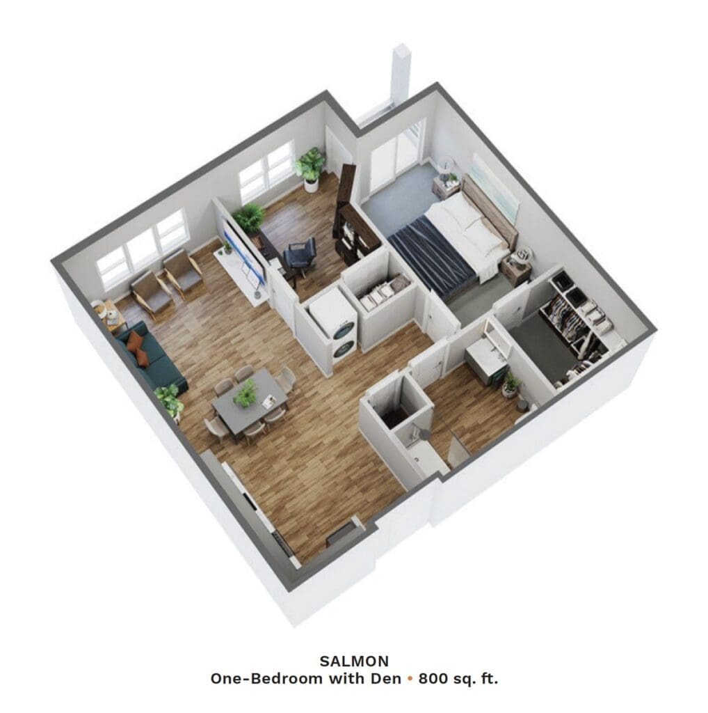 Stylish one-bedroom apartment layout featuring a den, modern furnishings, and ample natural light. Ideal for vibrant living.