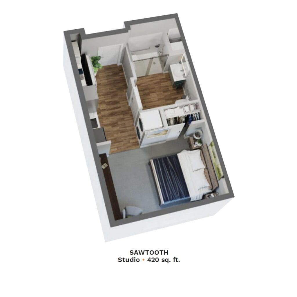 Spacious 420 sq. ft. studio layout featuring a cozy bed, kitchenette, and modern amenities for a vibrant lifestyle.