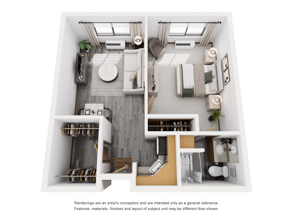 Detailed floor plan showcasing a stylish, spacious two-bedroom unit with upscale furnishings and elegant living areas.