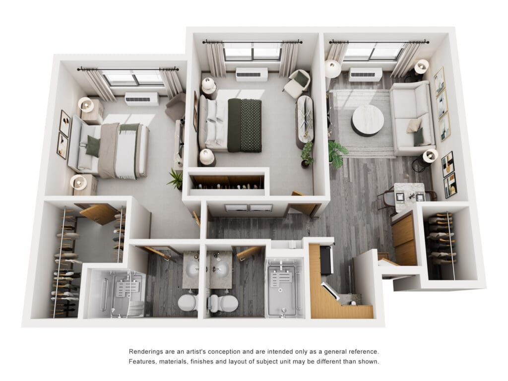 Stylish, spacious senior apartment layout featuring two bedrooms, a living area, modern amenities, and elegant furnishings.
