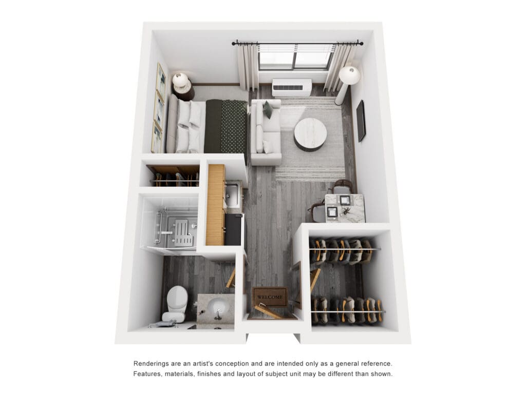 Cozy studio apartment layout featuring elegant furnishings, spacious living area, and accessible bathroom amenities.
