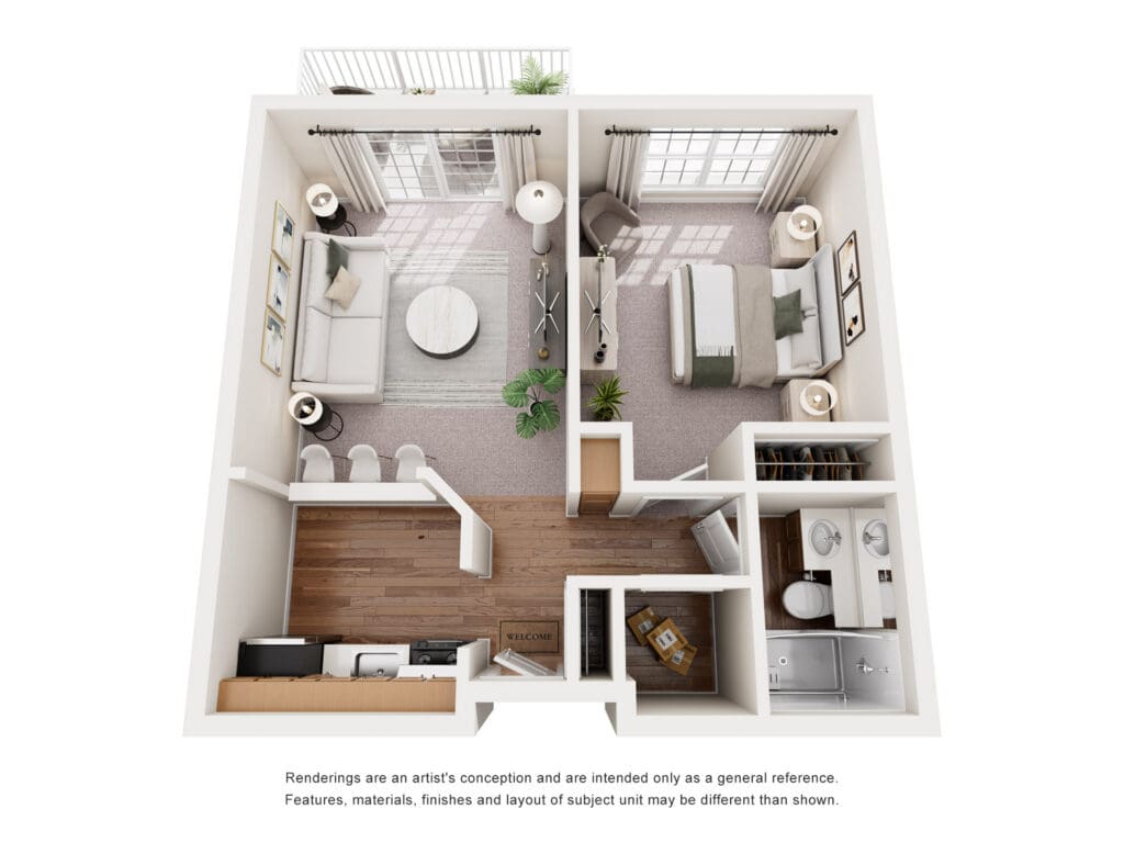 Stylish floor plan of a one-bedroom senior living apartment featuring a living area, bedroom, and modern amenities.
