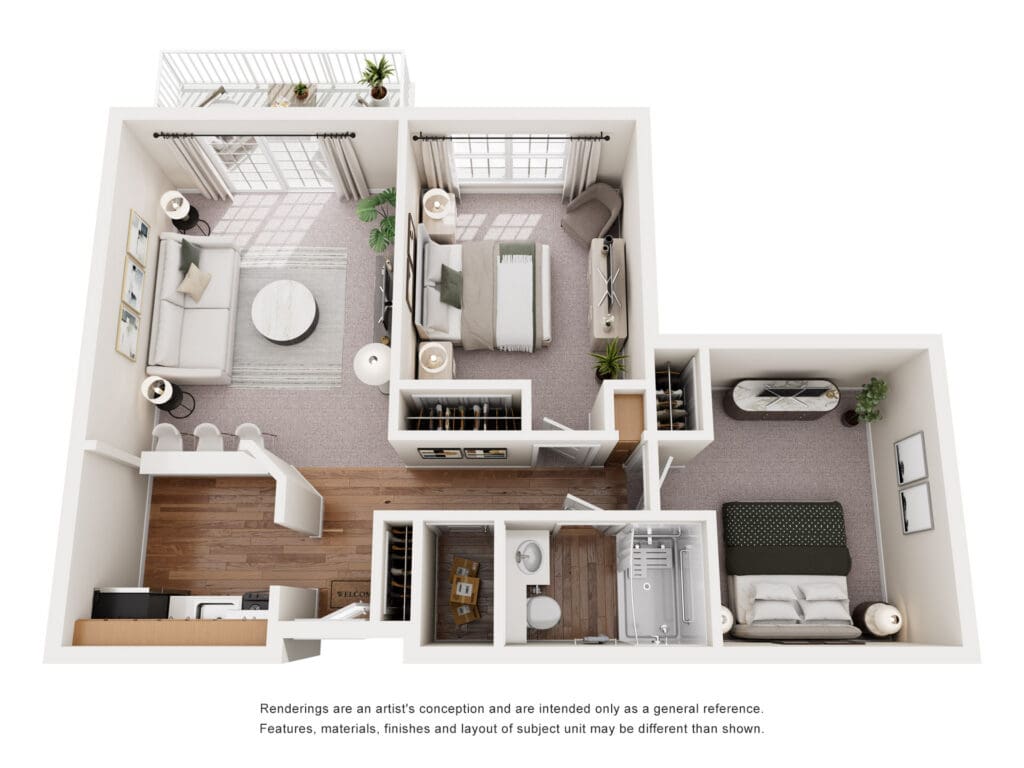 Spacious, elegantly designed two-bedroom apartment featuring upscale living area, kitchen, and serene bedroom.