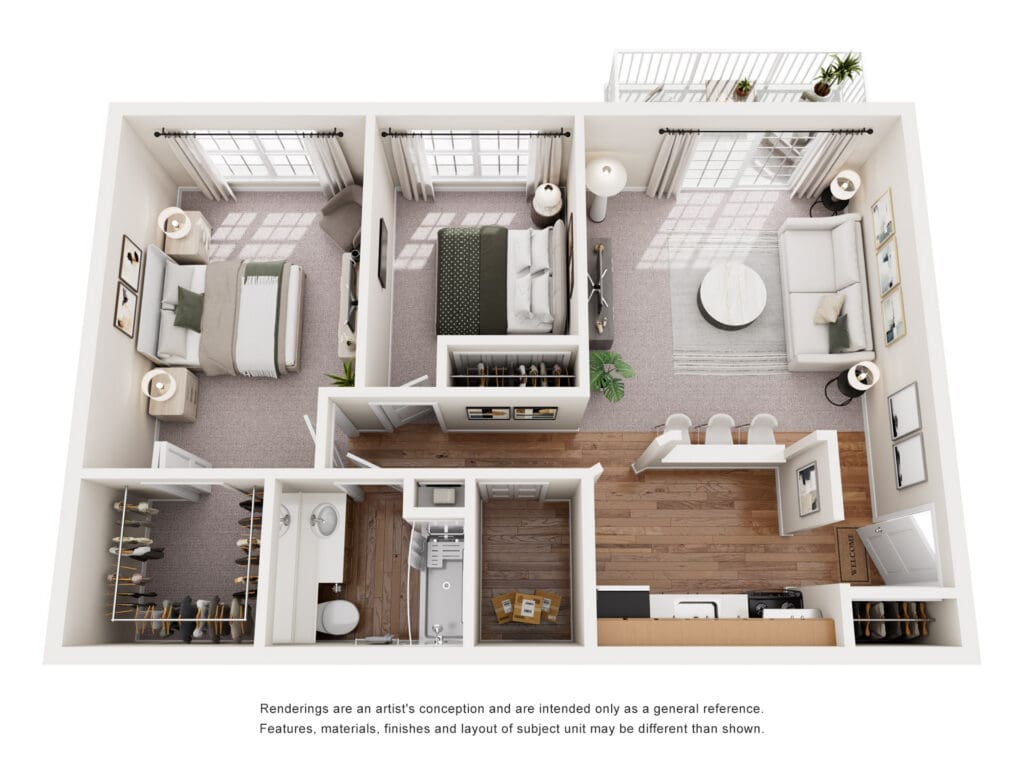Stylish senior living apartment layout featuring cozy bedrooms, a welcoming living area, and upscale amenities.