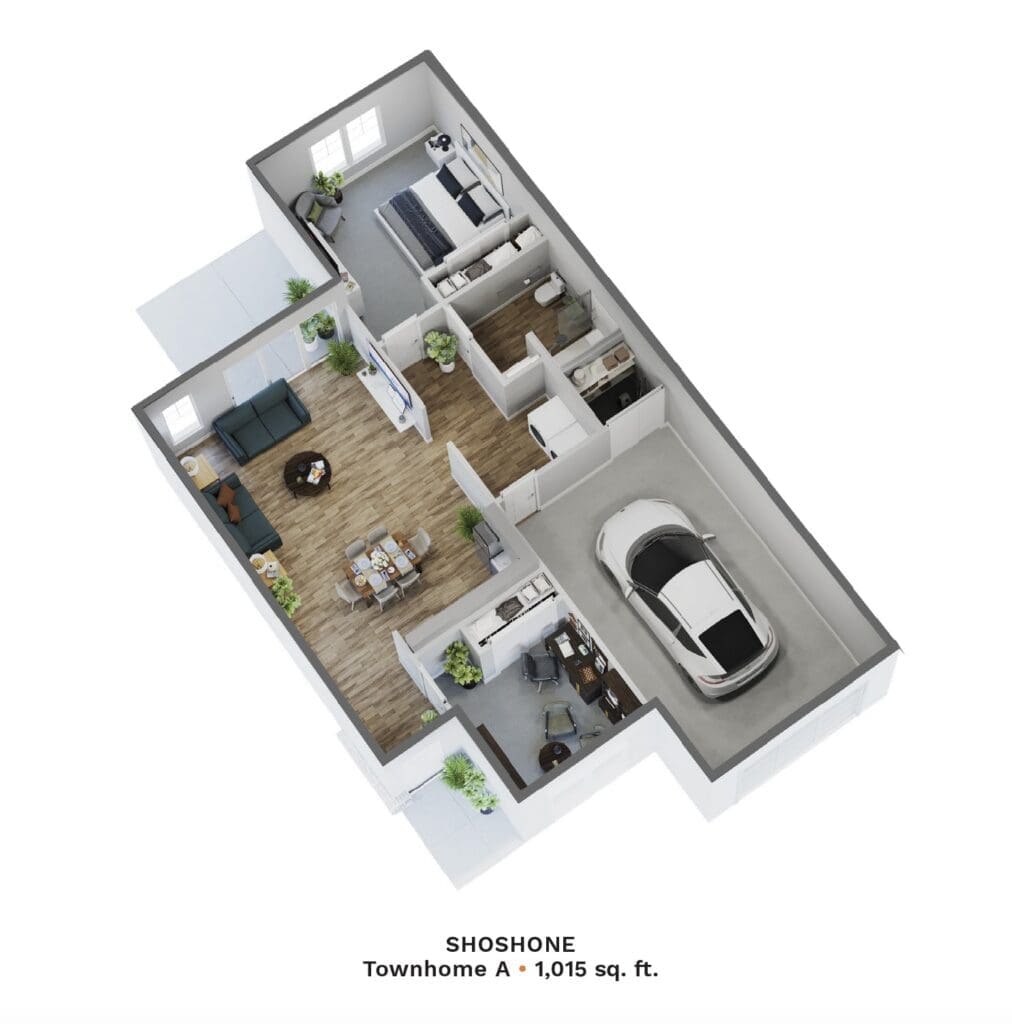 Spacious townhome layout featuring a bright living area, modern kitchen, and attached garage, designed for upscale living.