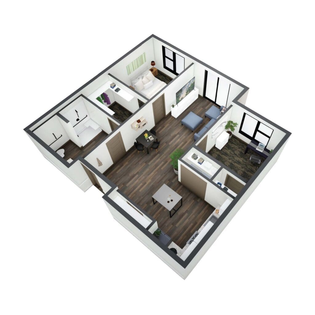Spacious, elegantly designed floor plan showcasing an inviting living area, cozy bedroom, and stylish amenities.