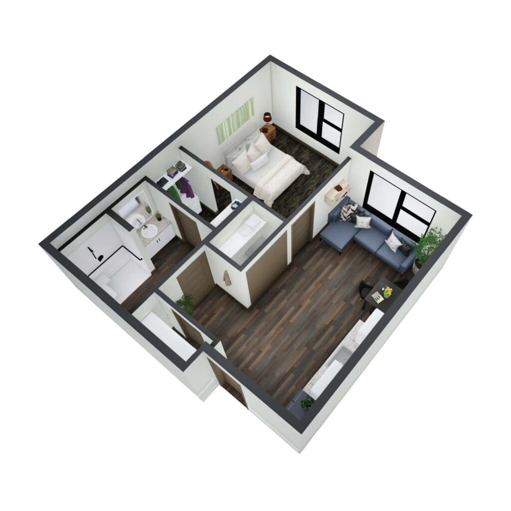 Cozy, stylish apartment layout featuring a bedroom, living area, and elegant bathroom, ideal for a vibrant lifestyle.