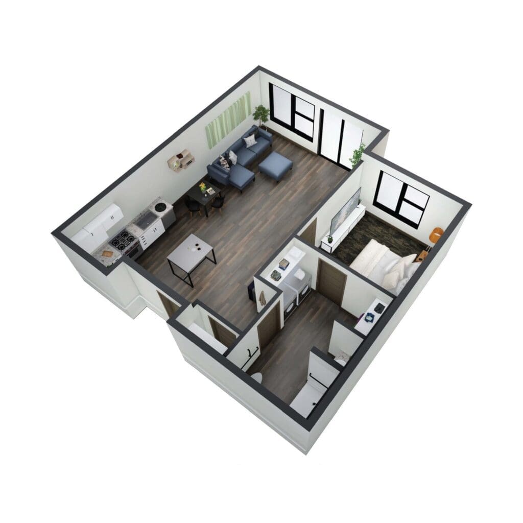 Modern one-bedroom apartment layout featuring upscale amenities, a cozy living area, and natural light-filled spaces.