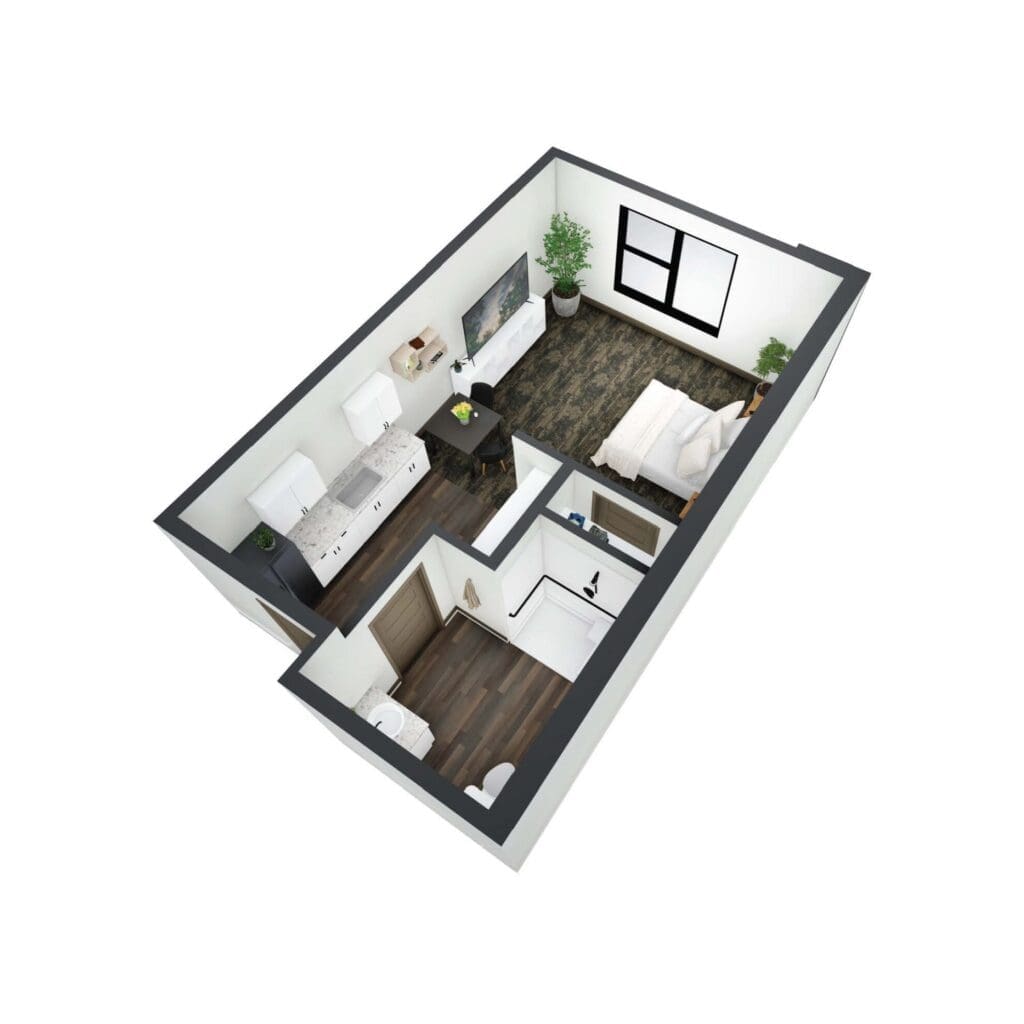 Isometric view of a furnished apartment showing a living area with a sofa, TV console, dining table, chairs, and a kitchen counter along white cabinets, plus potted plants and a dark wood floor.