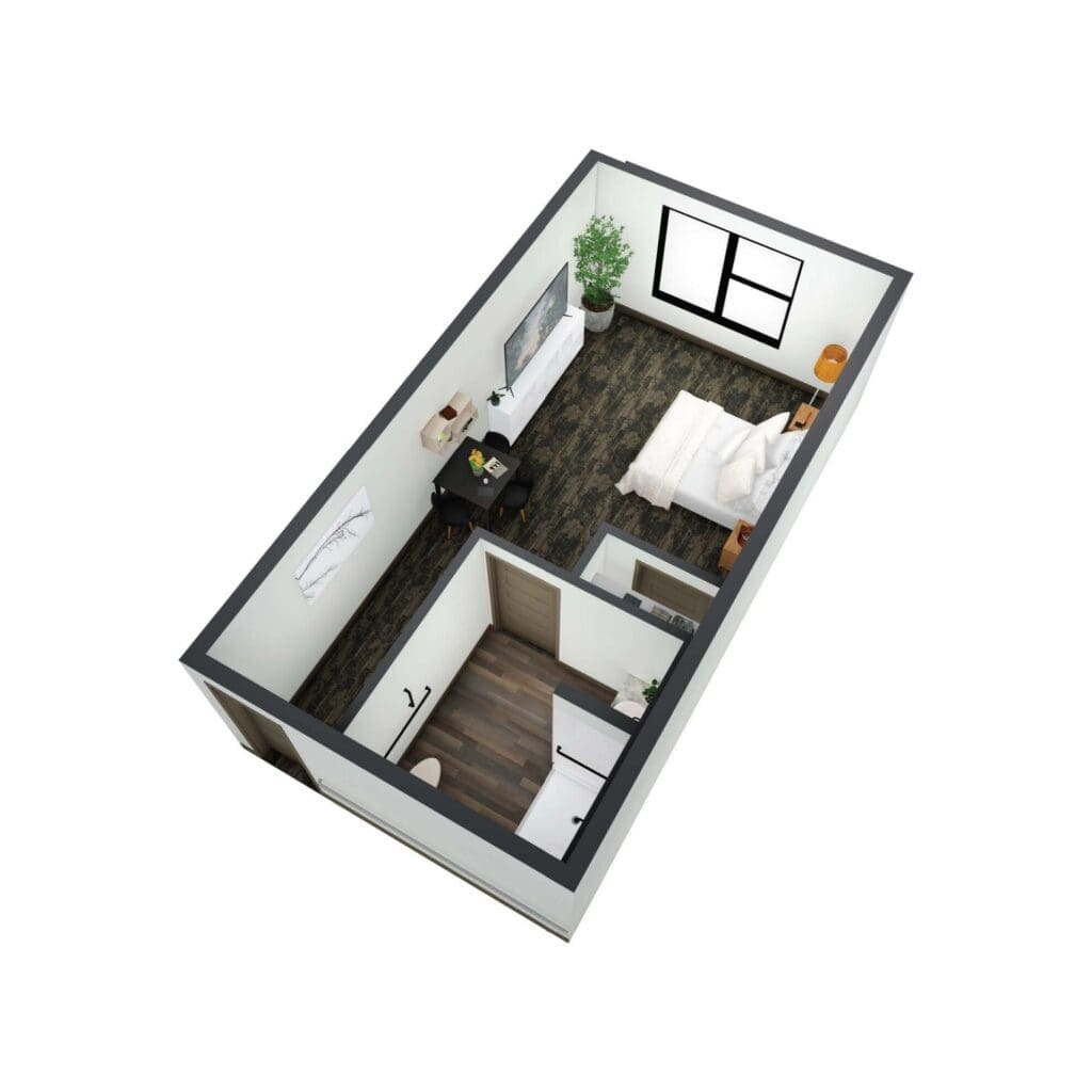 Stylish studio apartment layout featuring a cozy living area, dining space, and private bathroom, designed for comfort and elegance.