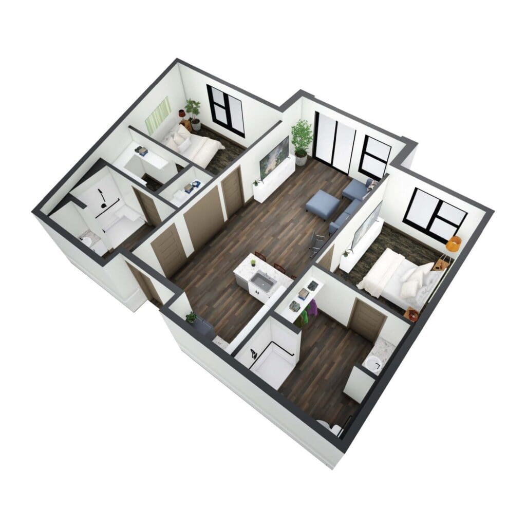 Spacious two-bedroom senior living apartment layout featuring modern amenities, inviting living areas, and elegant design.